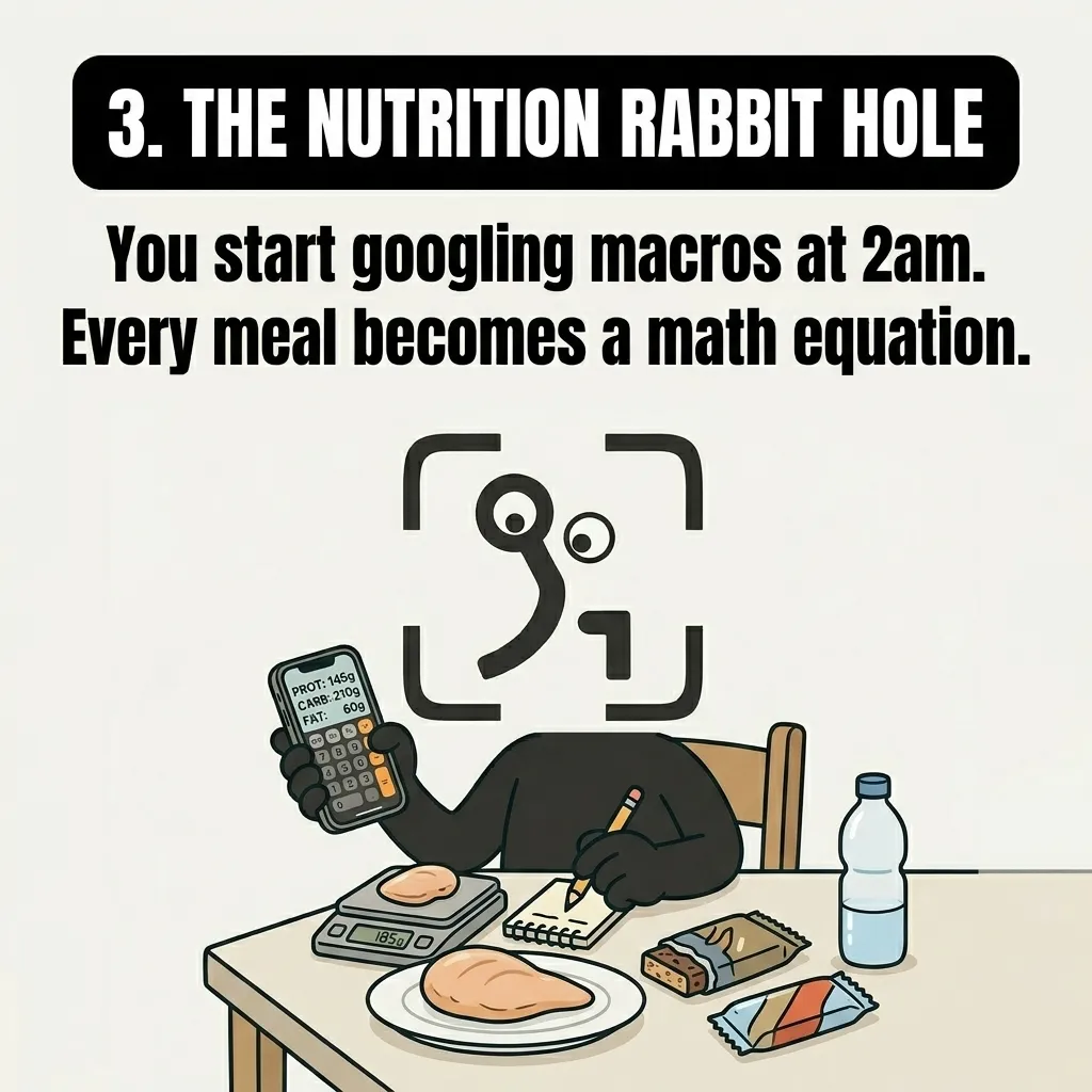 The GainFrame mascot sits at a table weighing food and calculating macros on a phone, highlighting the phase where nutrition becomes a precise math equation.