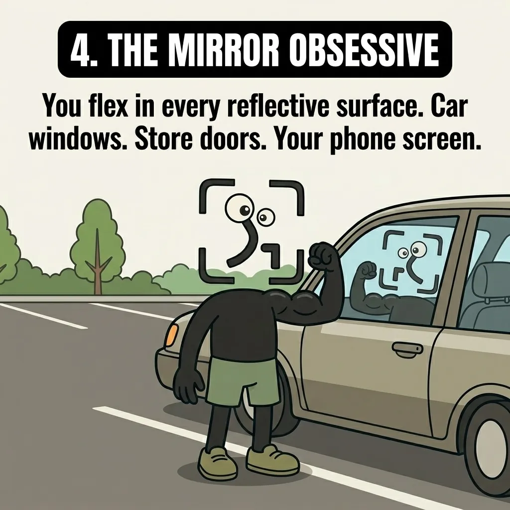 The GainFrame mascot flexes a bicep while looking at their reflection in a car window, depicting the phase of constantly checking progress in reflective surfaces.