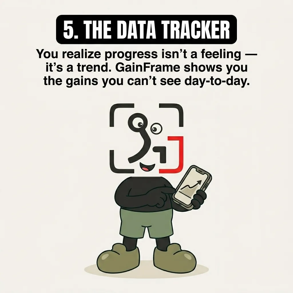 The GainFrame mascot points to an upward-trending progress chart on a smartphone, showing how tracking data reveals long-term fitness gains.