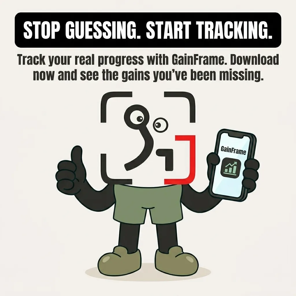 The GainFrame mascot gives a thumbs-up while holding a smartphone displaying the GainFrame app, encouraging users to track their fitness progress.