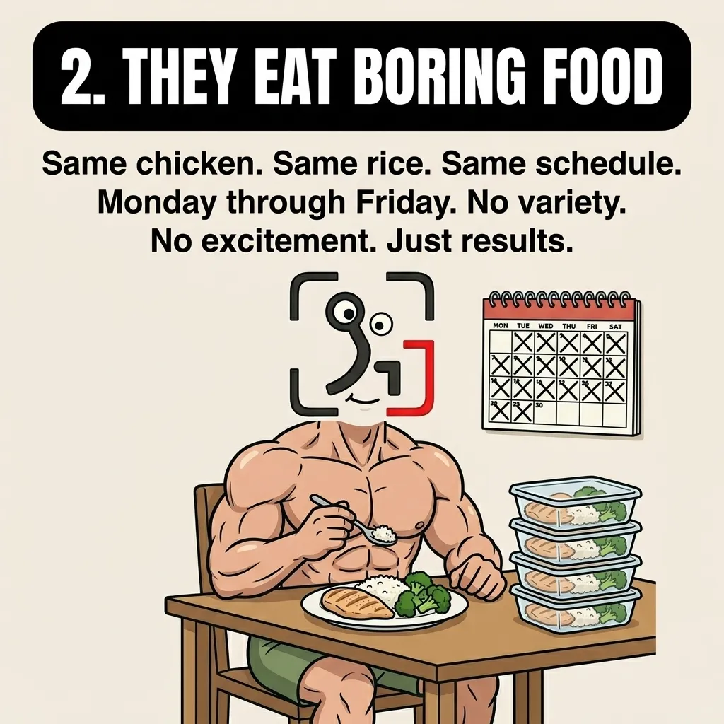The muscular GainFrame mascot happily eats a simple meal of chicken, rice, and broccoli at a table next to a stack of meal prep containers and a calendar showing a consistent weekday routine.