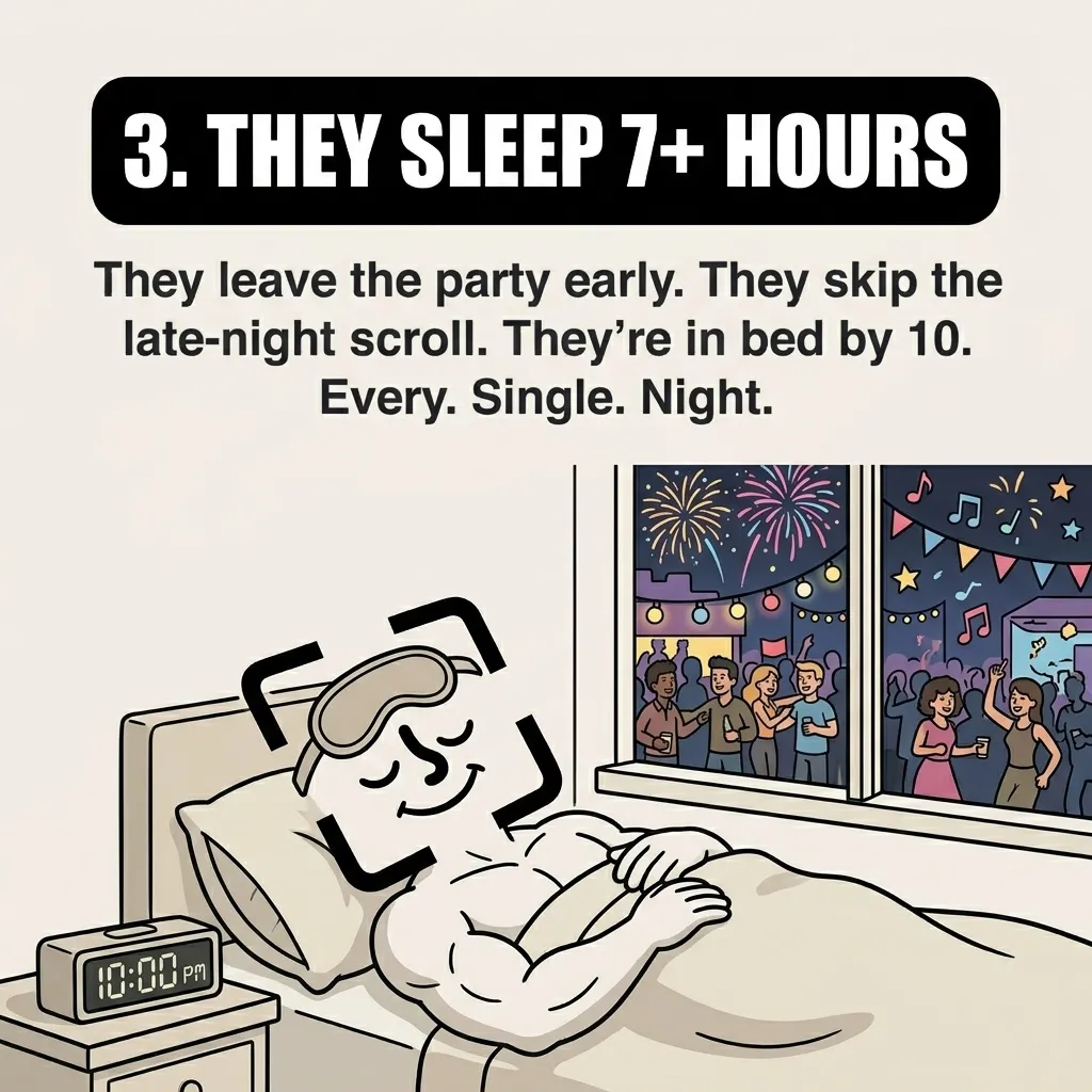 The muscular GainFrame mascot sleeps peacefully in bed with an eye mask at 10:00 PM while a lively party with fireworks is visible outside his window, highlighting the importance of prioritizing sleep.