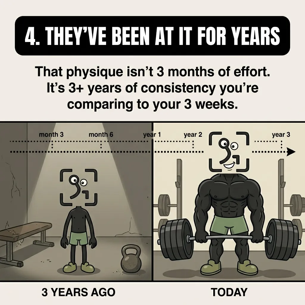 A comparison shows a skinny GainFrame mascot in a dark gym three years ago next to his muscular, heavy-lifting self today, emphasizing that building a great physique requires years of consistent effort.