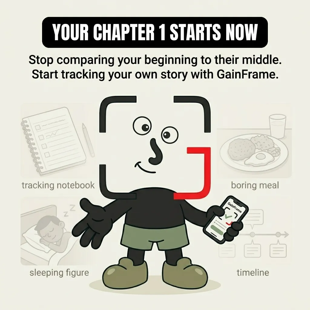 The GainFrame mascot holds up a smartphone displaying the GainFrame app, surrounded by icons for a tracking notebook, boring meal, sleeping figure, and timeline to encourage users to start their own fitness journey.
