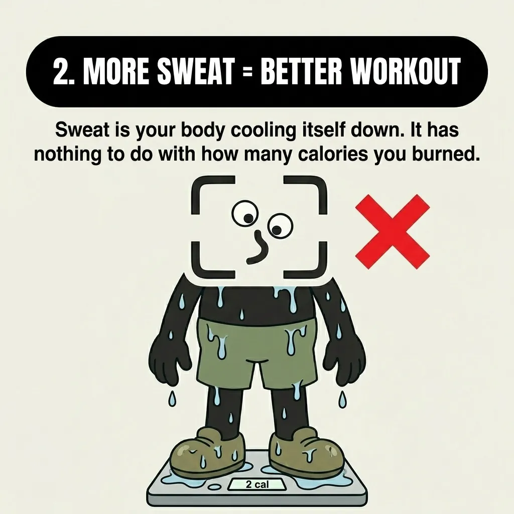 The GainFrame mascot stands dripping with sweat on a scale showing only 2 calories burned with a red 'X' mark, showing that sweating is just the body cooling down and not an indicator of calories burned.