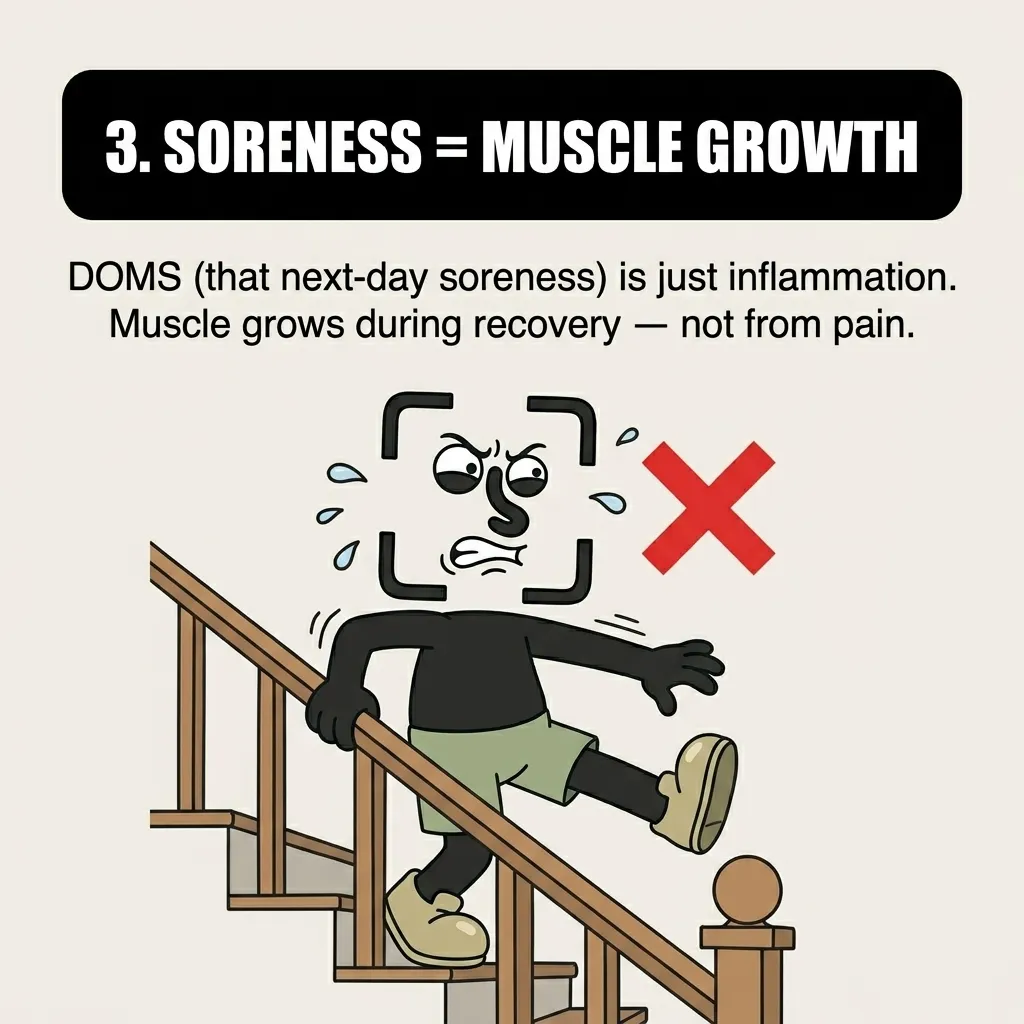 The GainFrame mascot winces in pain while walking down stairs with a red 'X' mark, illustrating that post-workout muscle soreness is just inflammation and not a direct sign of muscle growth.