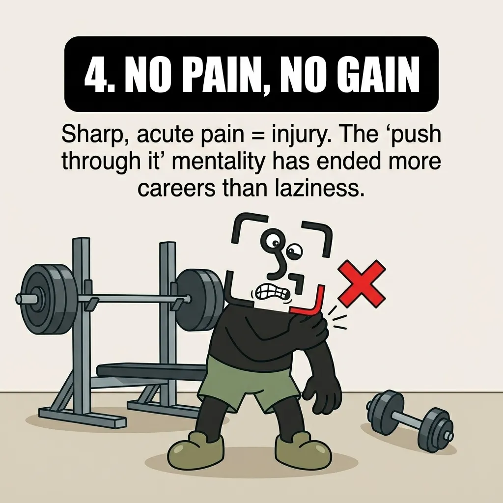 The GainFrame mascot clutches a painful shoulder next to a bench press with a red 'X' mark, warning that pushing through sharp, acute pain leads to injury rather than progress.