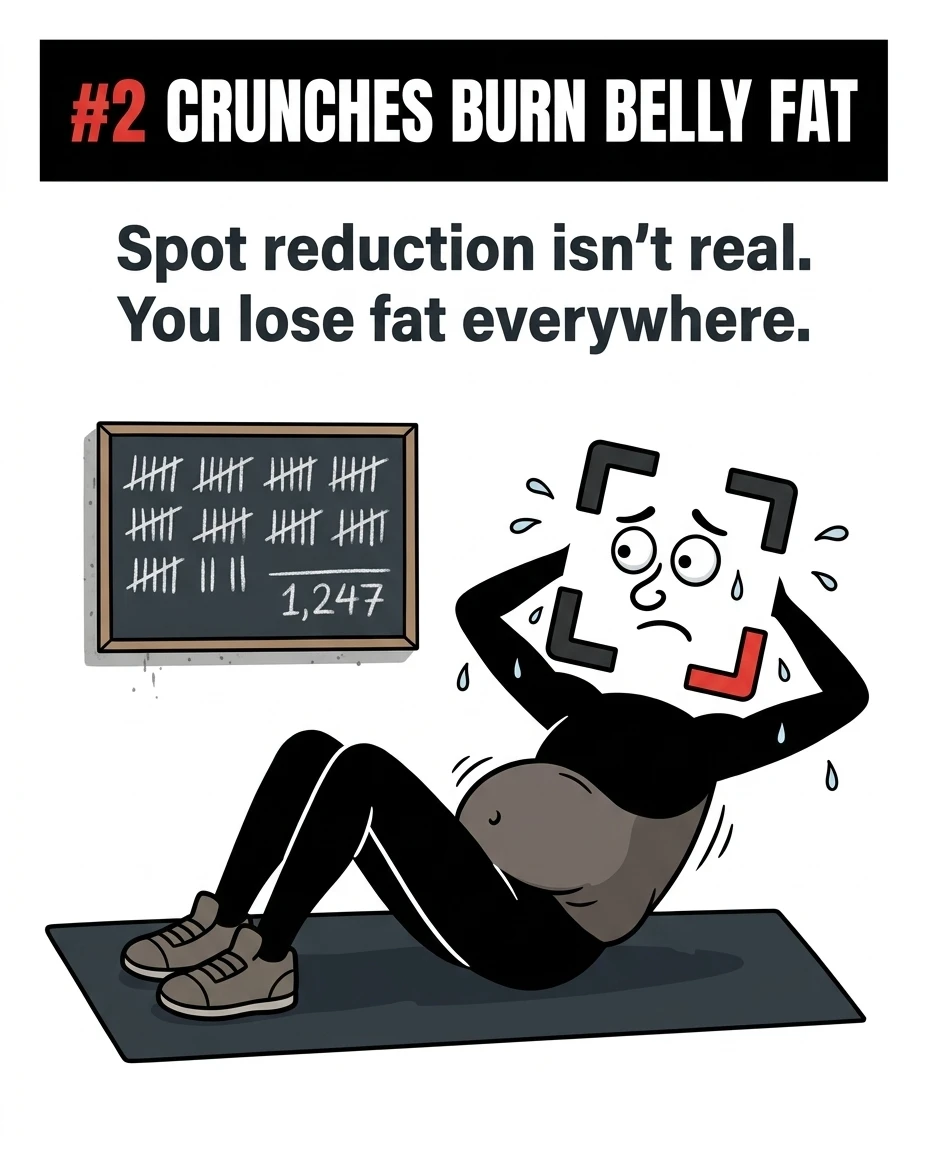 The GainFrame mascot is sweating profusely while doing crunches next to a chalkboard showing 1,247 completed reps, illustrating that spot reduction is a myth.