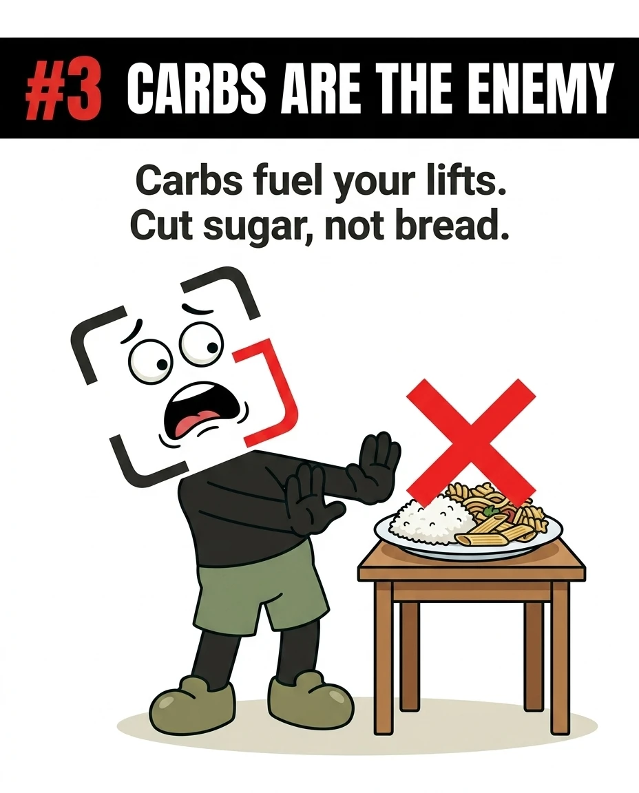 The GainFrame mascot holds his hands up in fear to reject a plate of rice and pasta with a red X over it, showing that carbs are actually necessary to fuel workouts.