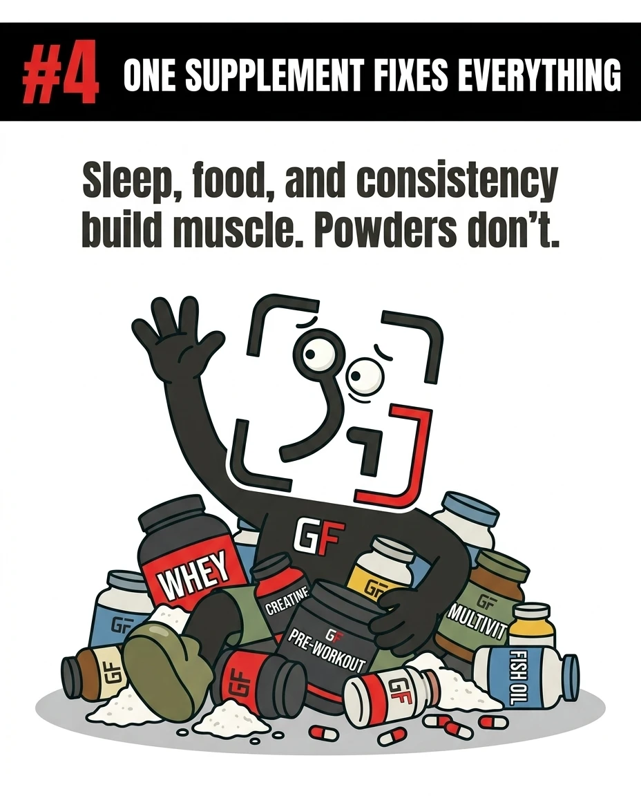 The GainFrame mascot waves while buried under a massive pile of supplement tubs and pills, emphasizing that basic lifestyle habits build muscle rather than powders.