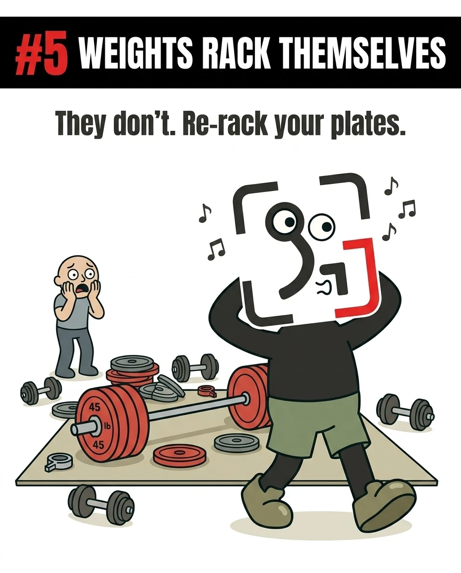 The GainFrame mascot walks away whistling with headphones on, leaving a messy pile of weights on the floor while another gym-goer looks shocked, reminding viewers to always re-rack their plates.
