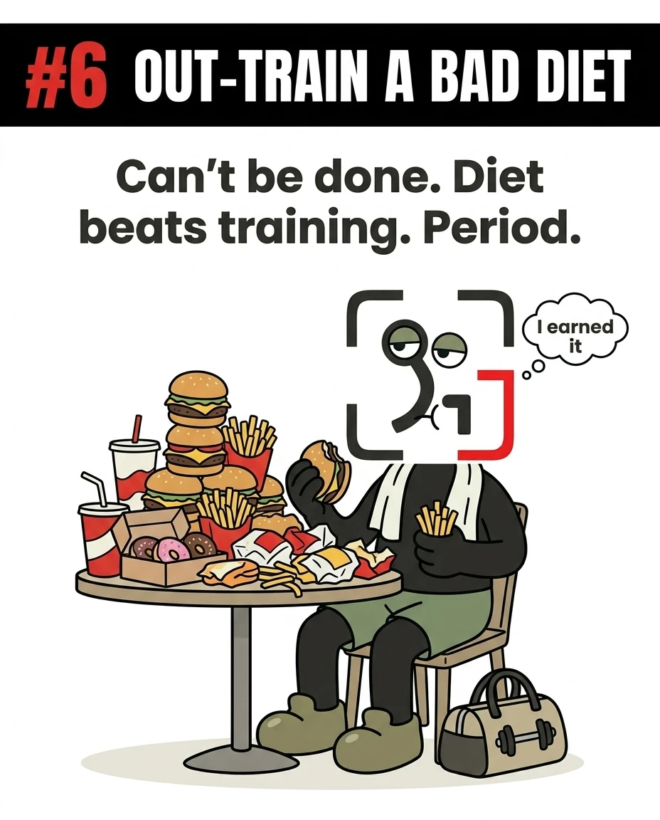 The GainFrame mascot sits at a table piled high with fast food thinking 'I earned it' after a workout, illustrating that you cannot out-train a poor diet.