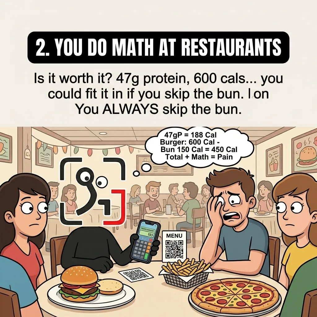 The GainFrame mascot uses a calculator at a restaurant table while friends look on in confusion, highlighting how gym people constantly calculate macronutrients and calories when dining out.