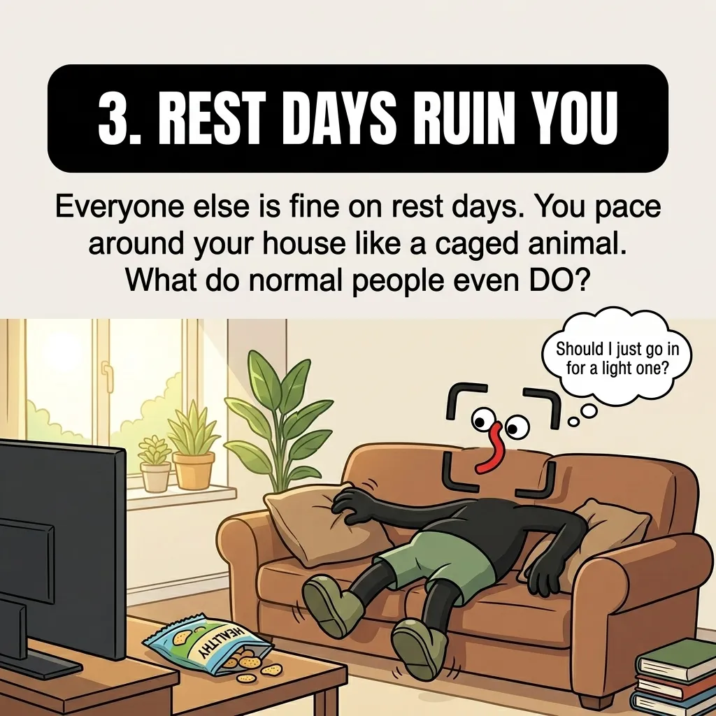 The GainFrame mascot lies restlessly on a living room couch thinking about going to the gym anyway, showing how difficult rest days can be for dedicated fitness enthusiasts.
