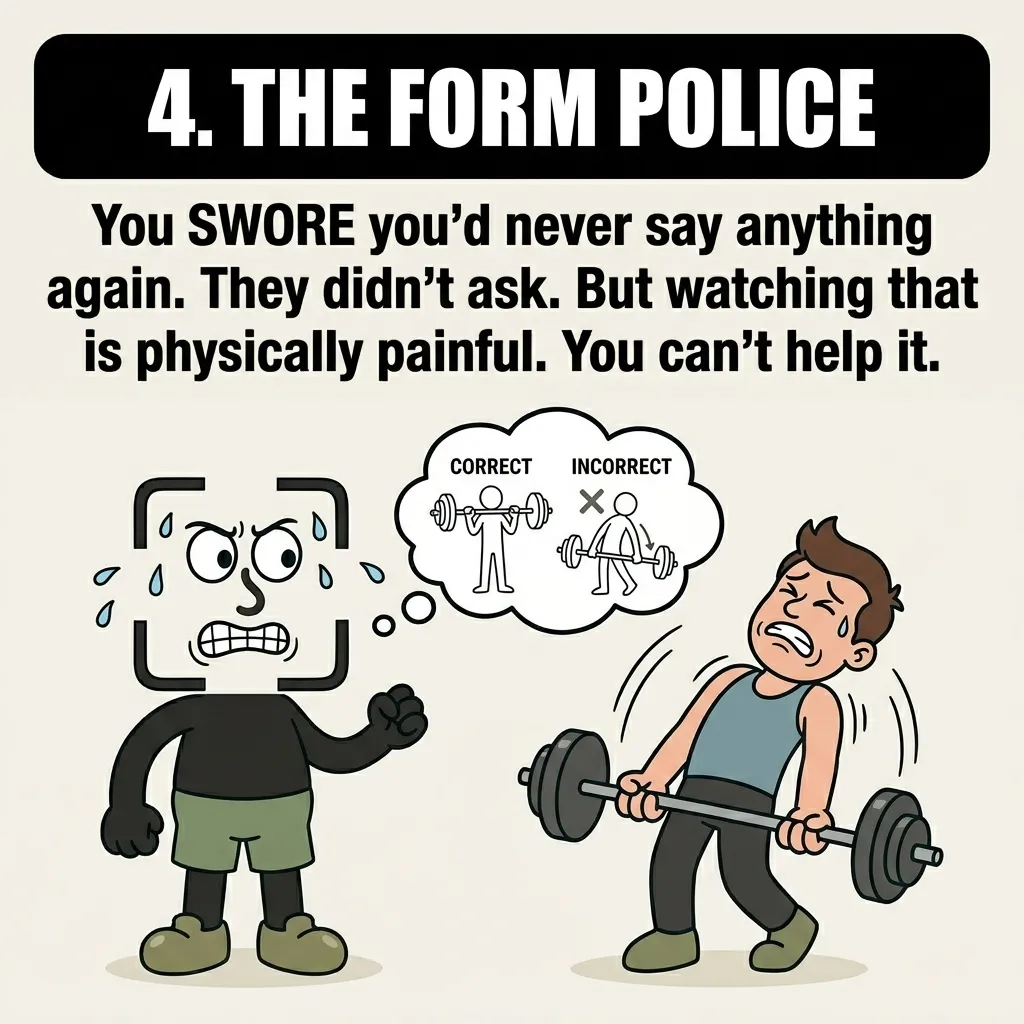 The GainFrame mascot looks on in sweaty frustration at a gym-goer lifting with poor form, representing the internal struggle of wanting to correct others' exercise techniques.