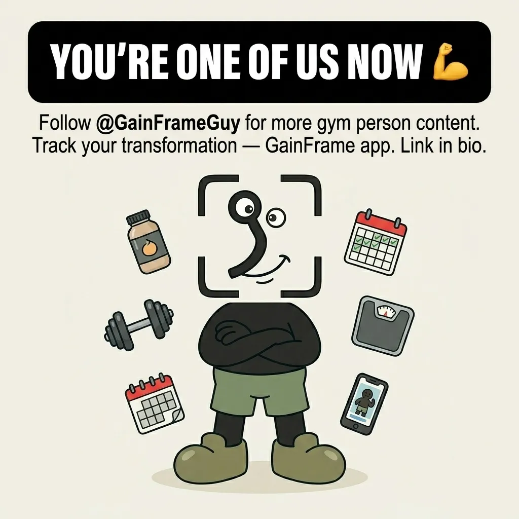 The GainFrame mascot stands proudly surrounded by fitness icons like dumbbells, calendars, scales, and a progress photo, welcoming the reader to the gym community.