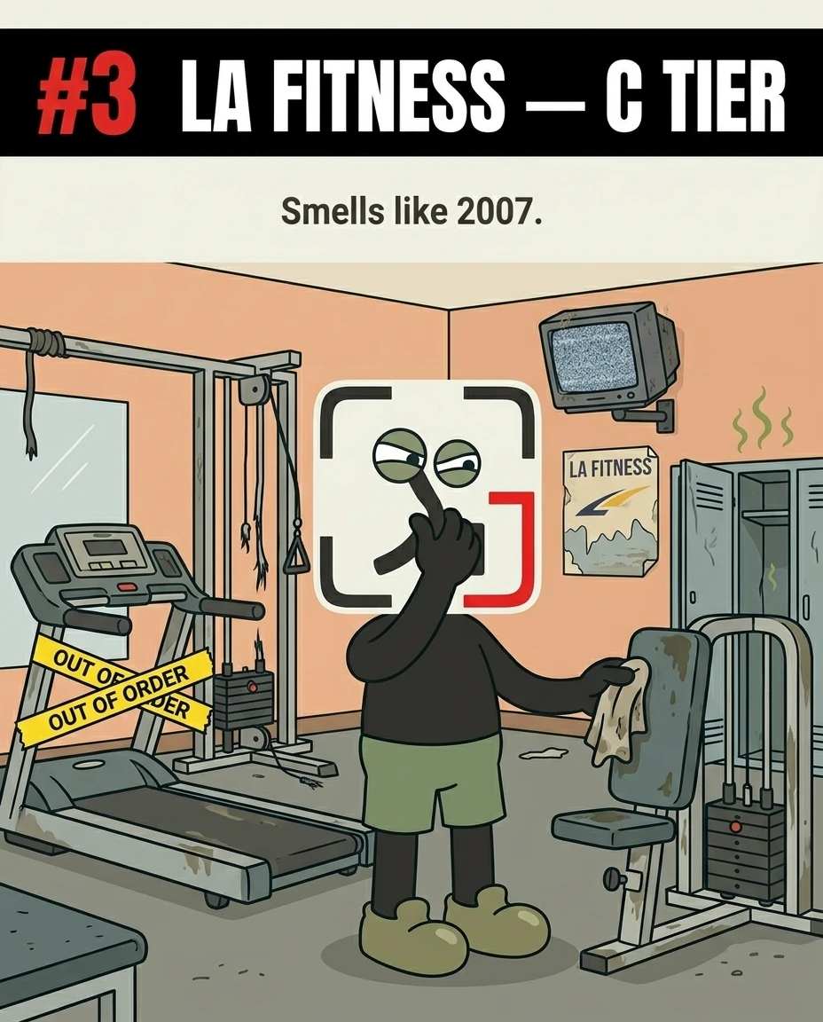 The GainFrame mascot plugs his nose in a dirty, outdated LA Fitness with broken equipment, showing poor facility maintenance.