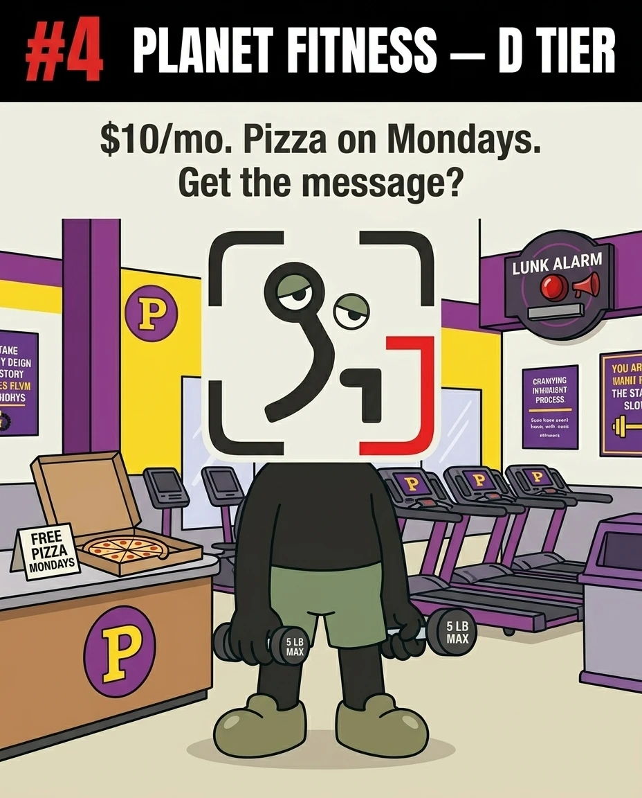 The GainFrame mascot holds tiny dumbbells next to a free pizza stand at Planet Fitness, critiquing its counterproductive environment.