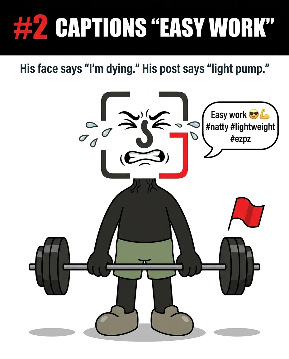 The GainFrame mascot struggles intensely to lift a heavy barbell while sweating profusely, contrasting with his social media caption claiming it is easy work.