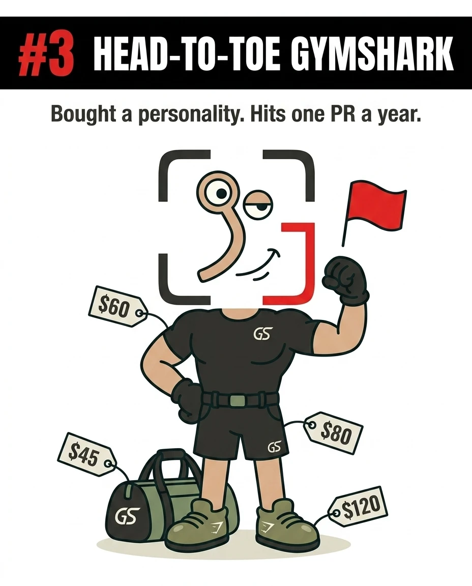 The GainFrame mascot poses in expensive Gymshark gear with price tags still attached, highlighting the red flag of prioritizing brand-name outfits over actual training progress.