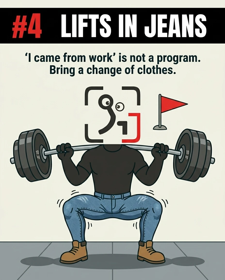 The GainFrame mascot struggles to squat while wearing tight blue jeans and work boots, showing the impracticality and red flag of lifting in work clothes.