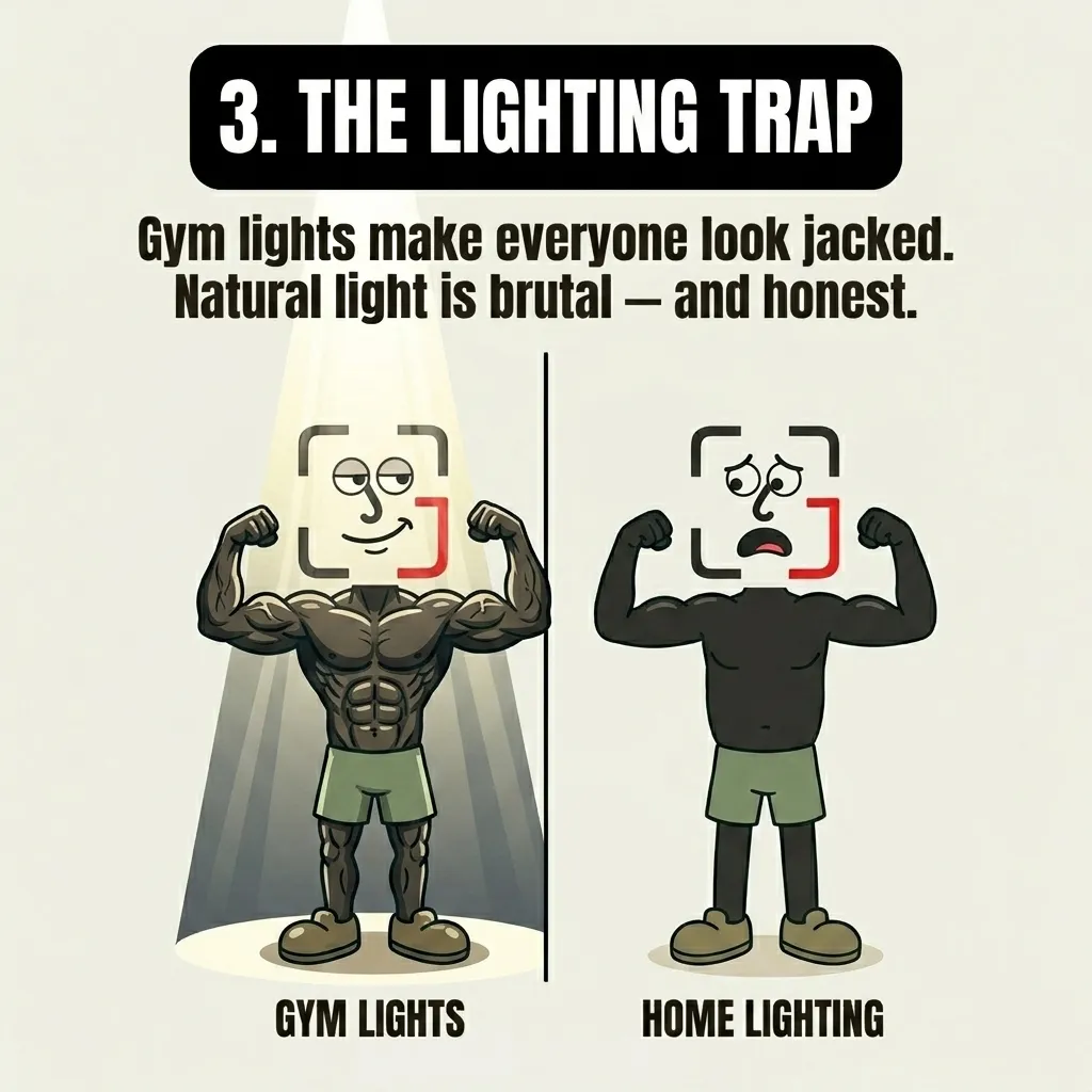 A side-by-side comparison shows the GainFrame mascot looking highly defined under dramatic gym spotlights versus looking flat under standard home lighting, demonstrating how lighting can distort actual progress.