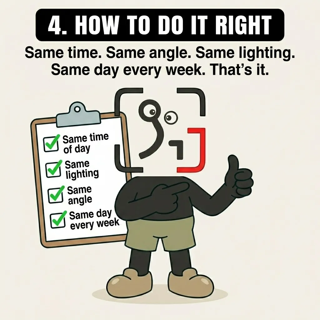 The GainFrame mascot gives a thumbs-up next to a checklist emphasizing consistency in time of day, lighting, angle, and day of the week for accurate progress tracking.