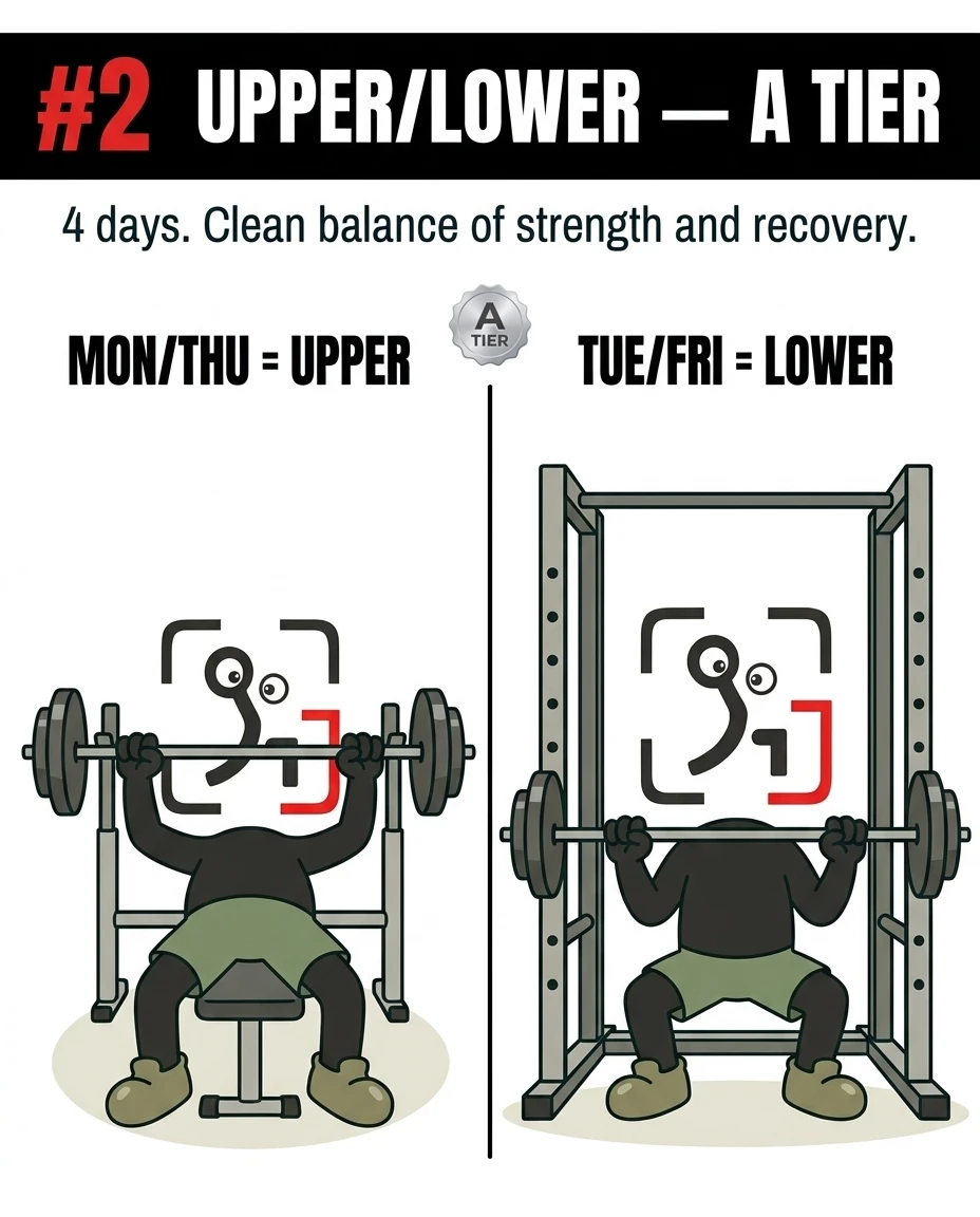The GainFrame mascot performs a bench press and a squat, illustrating the balanced A-tier upper/lower split.