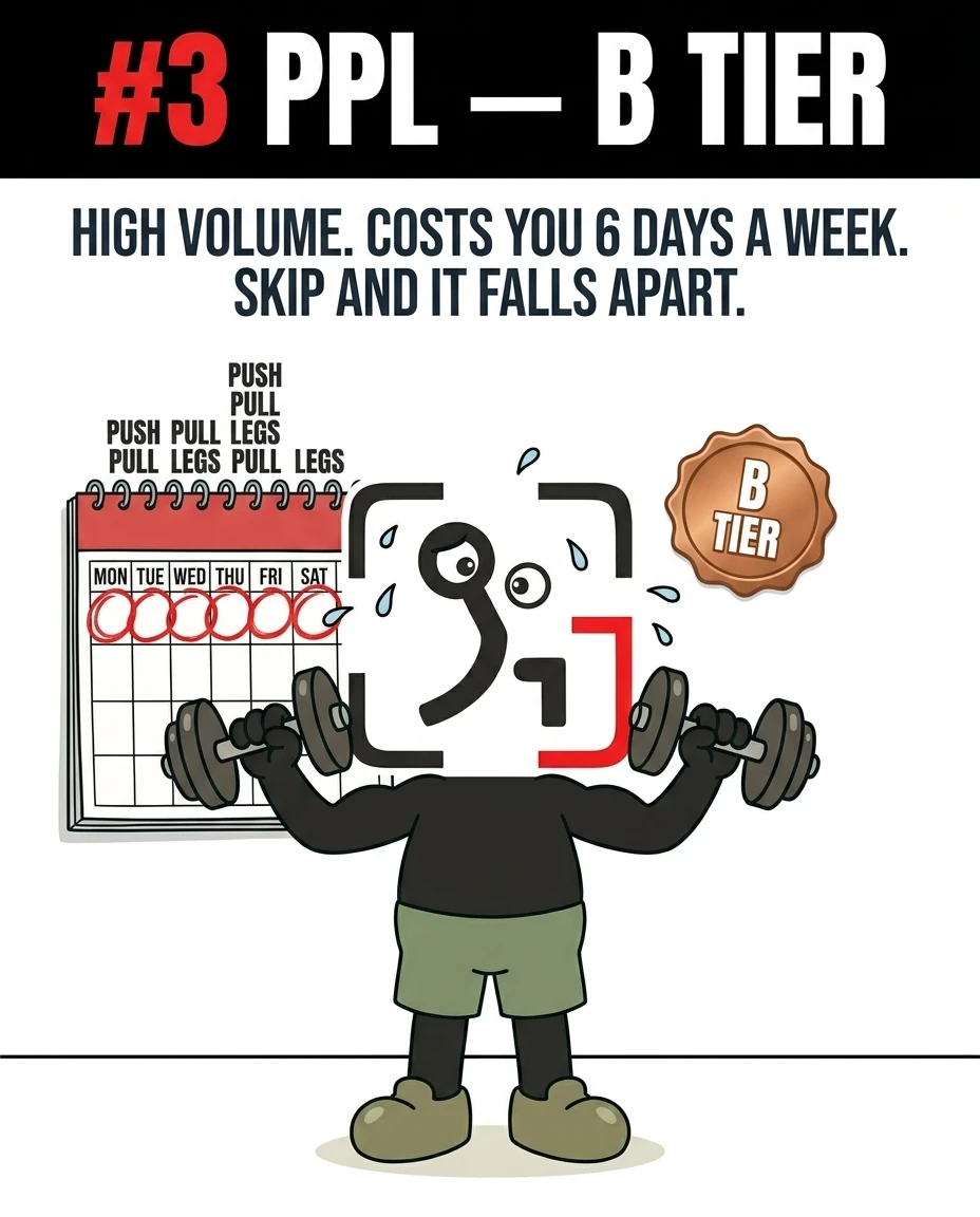 A sweating GainFrame mascot lifts dumbbells in front of a packed six-day calendar, representing the demanding B-tier Push-Pull-Legs split.