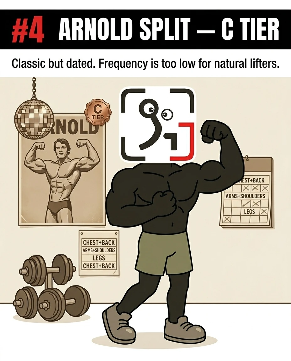 The GainFrame mascot poses next to an Arnold Schwarzenegger poster, showing the dated C-tier Arnold split.
