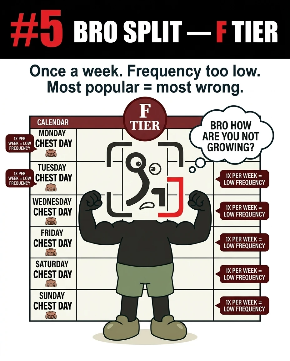 A confused GainFrame mascot stands in front of a calendar showing chest day every day, illustrating the ineffective F-tier bro split.