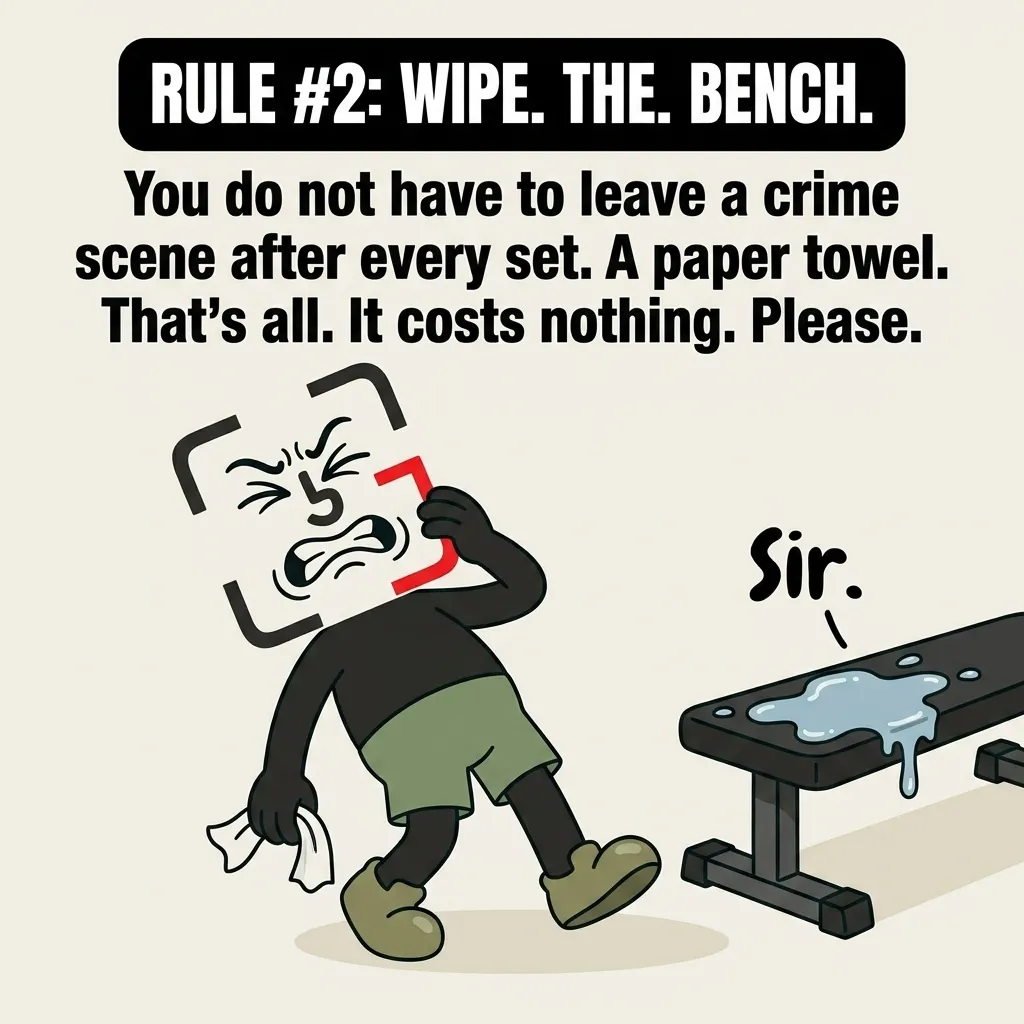 The GainFrame mascot recoils in disgust holding a paper towel next to a workout bench covered in a large puddle of sweat, emphasizing the rule to wipe down equipment.