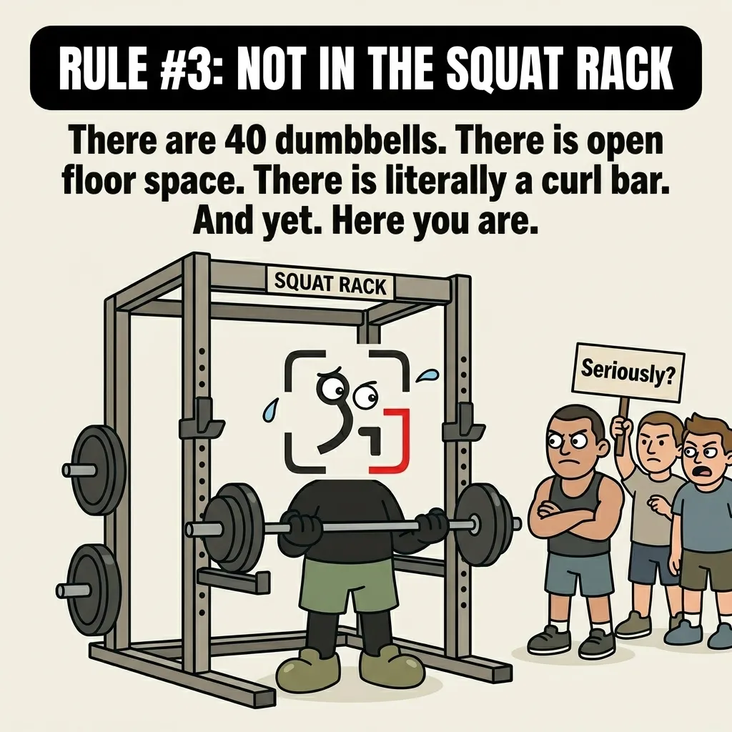 The GainFrame mascot sweats nervously while performing bicep curls inside a squat rack as an angry crowd of gym-goers waits to use the rack.