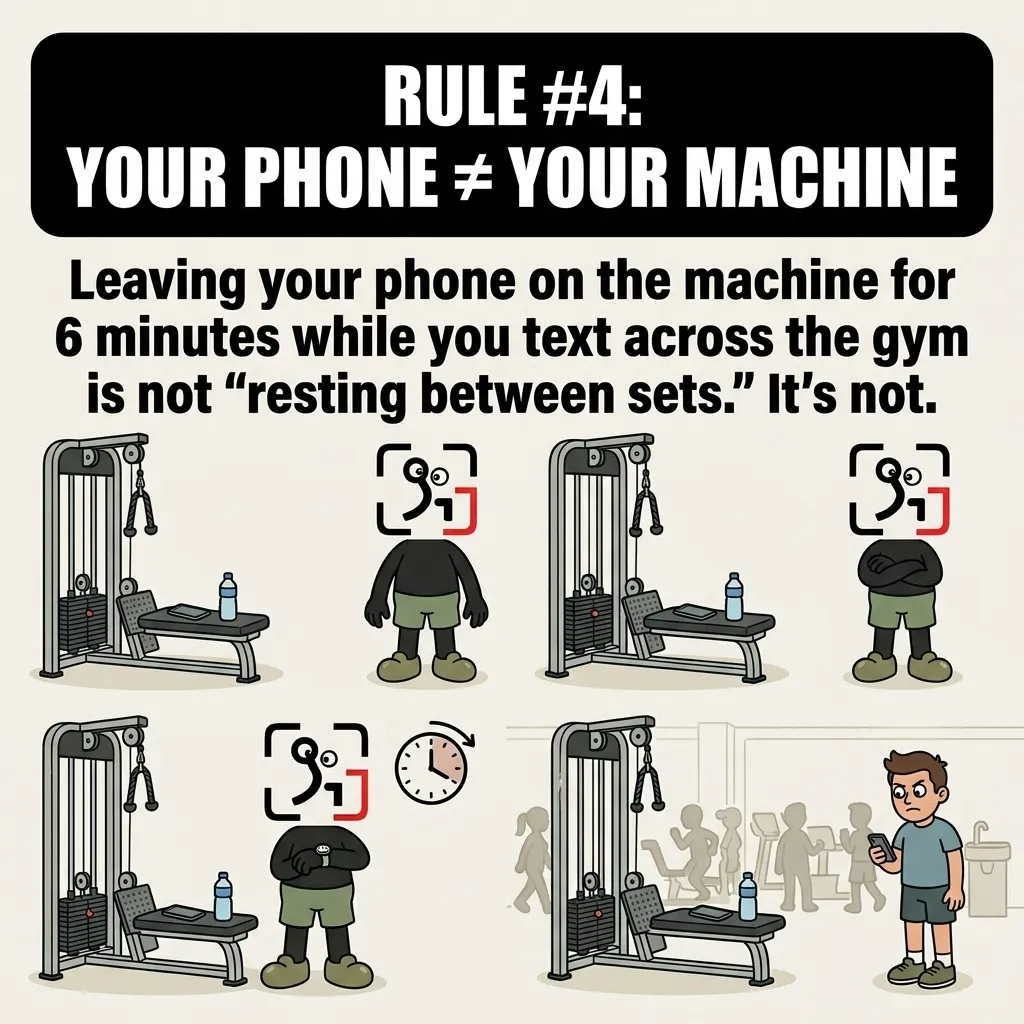 A four-panel comic shows the GainFrame mascot waiting by a cable machine reserved with a phone and water bottle, while the actual user stands far away texting on another phone.