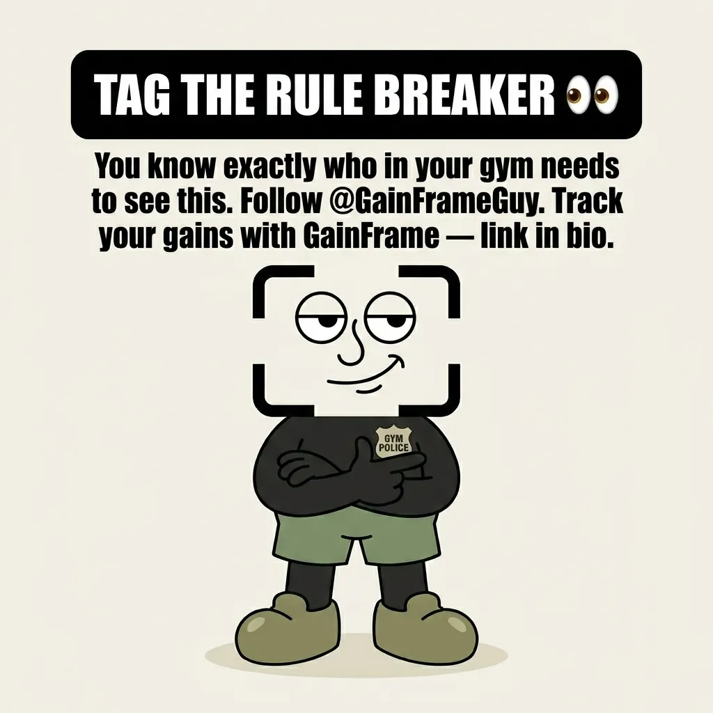 The GainFrame mascot wears a 'Gym Police' badge and points accusingly, encouraging readers to share these gym etiquette rules with others.