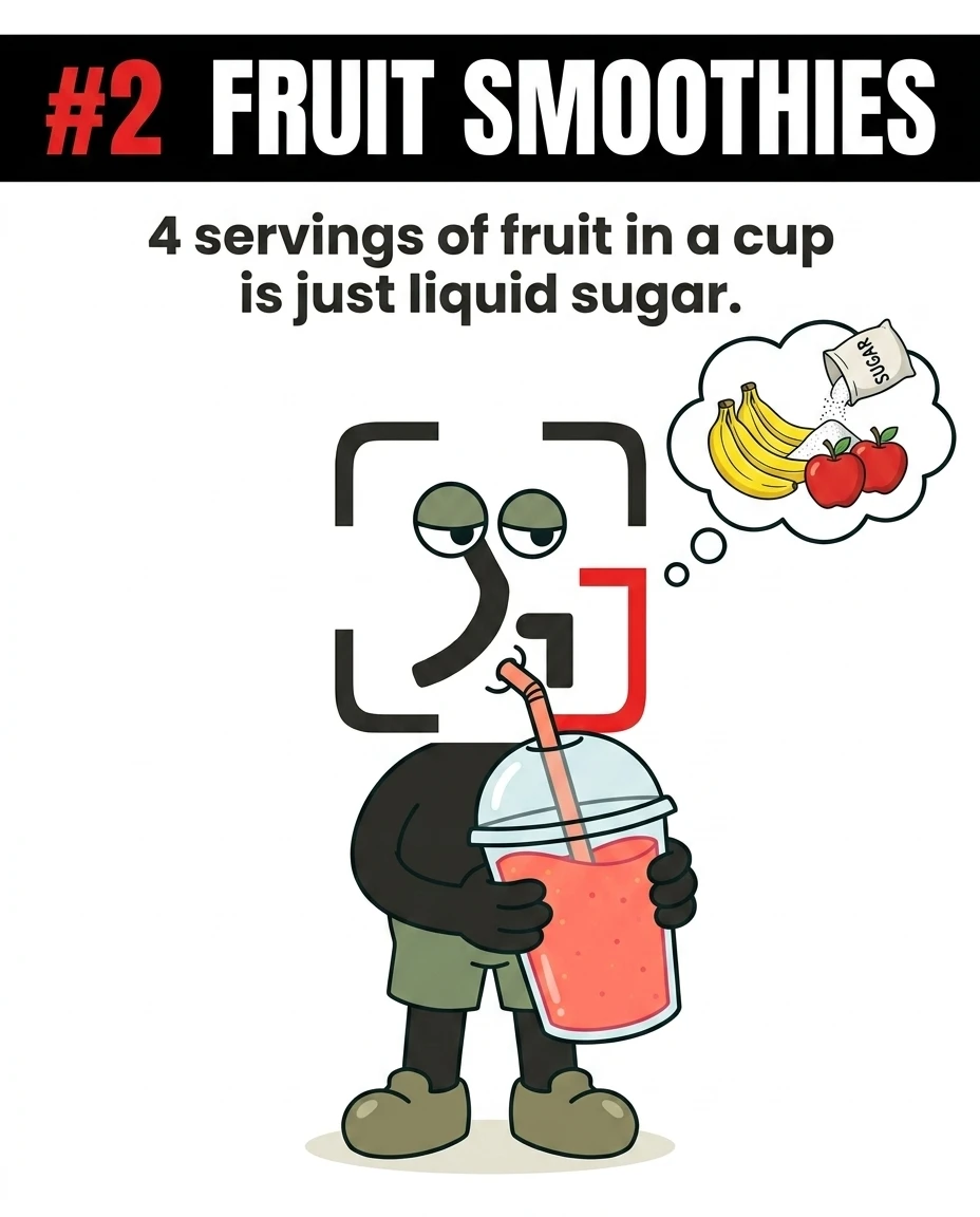 The GainFrame mascot drinks a red smoothie while imagining bananas, apples, and a bag of sugar, highlighting that fruit smoothies can contain excessive amounts of liquid sugar.