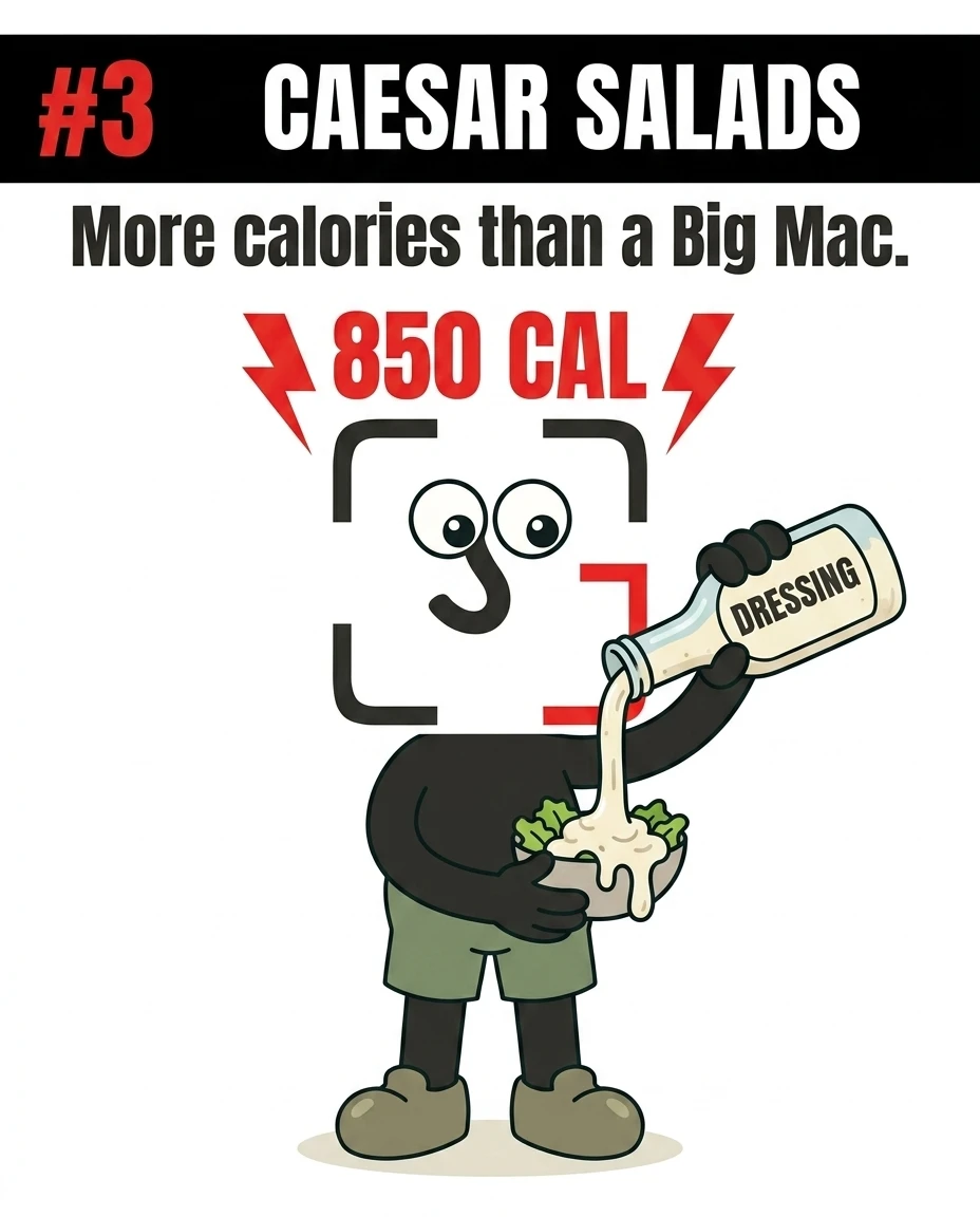 The GainFrame mascot pours a large bottle of dressing onto a salad under a warning sign reading 850 calories, showing how heavy dressings can make salads highly caloric.