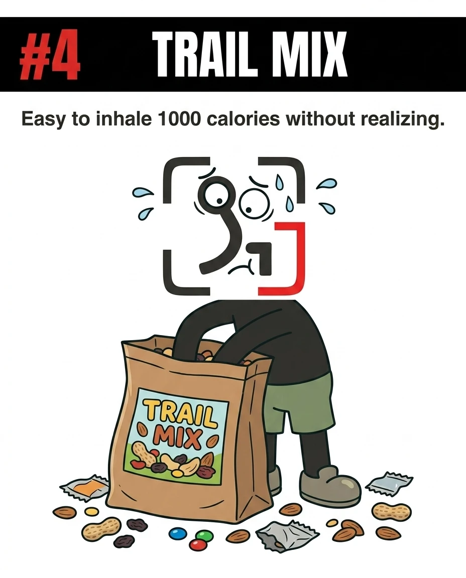 The GainFrame mascot sweats anxiously while reaching into a giant bag of trail mix, demonstrating how easy it is to overconsume highly calorie-dense nuts and candies.