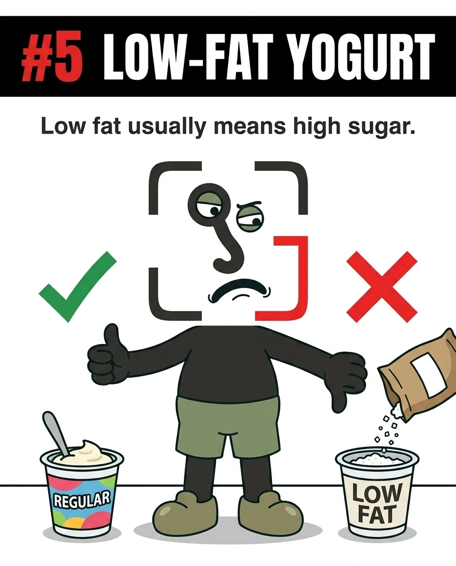 The GainFrame mascot gives a thumbs-up to regular yogurt and a thumbs-down to low-fat yogurt being filled with sugar, explaining that low-fat options often compensate for flavor with added sugar.