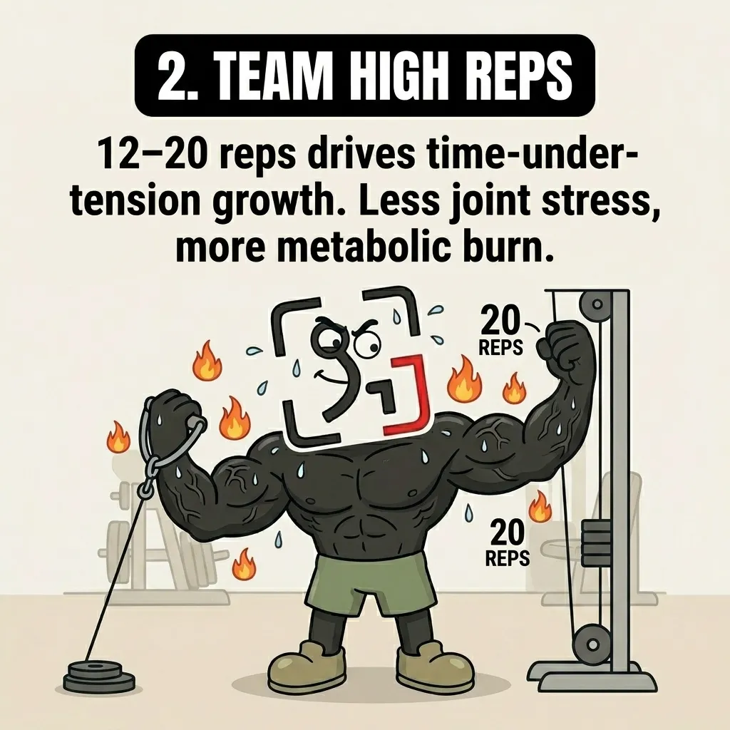 The GainFrame mascot is performing a cable bicep curl with a pumped, muscular physique surrounded by fire emojis, with '20 REPS' indicators highlighting high-rep training.
