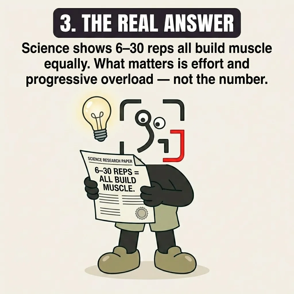 The GainFrame mascot holds a science research paper stating that 6 to 30 reps all build muscle, with a glowing lightbulb above his head representing the realization that effort matters more than the exact rep count.