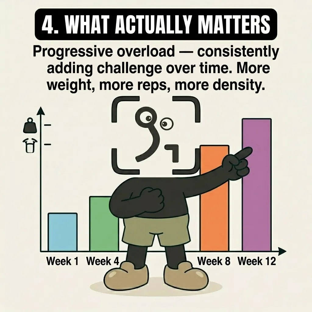 The GainFrame mascot points to a bar graph showing progressive overload over 12 weeks, illustrating that consistently increasing the challenge is what drives muscle growth.
