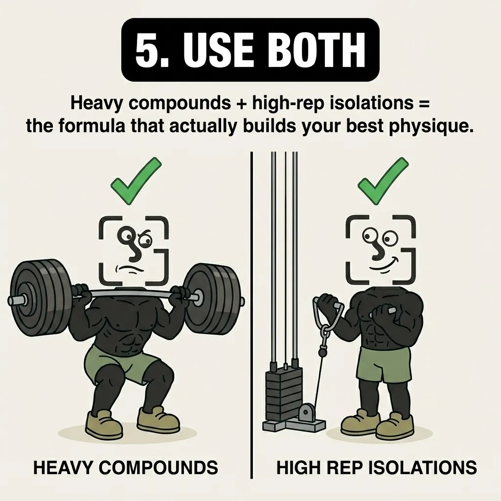 A split screen shows the GainFrame mascot performing heavy barbell squats on the left and high-rep cable curls on the right, both marked with green checkmarks to show that combining both methods is the optimal approach.