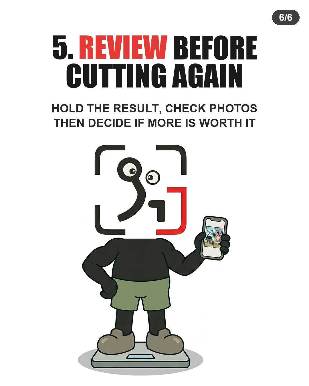 The GainFrame mascot stands on a scale while checking progress photos on a smartphone to review results before cutting again.
