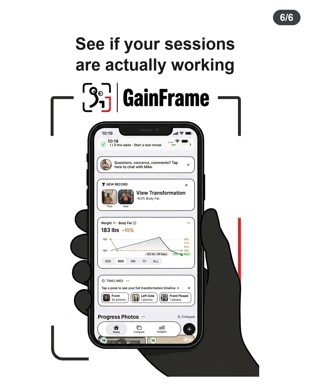 A hand holds a smartphone displaying fitness tracking charts in the GainFrame app.