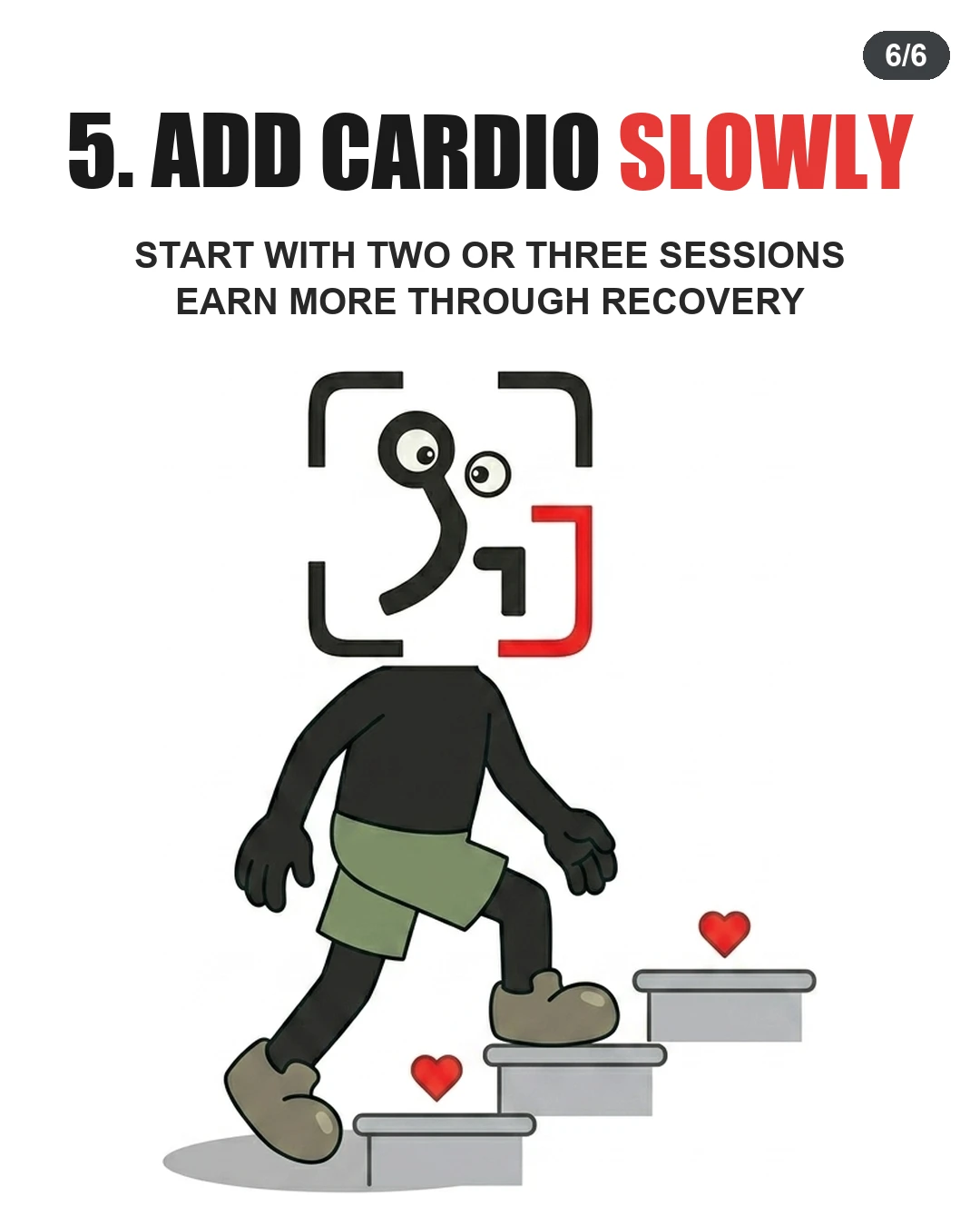 The GainFrame mascot climbs a set of stairs lined with small hearts, showing the importance of progressing cardio volume gradually over time.