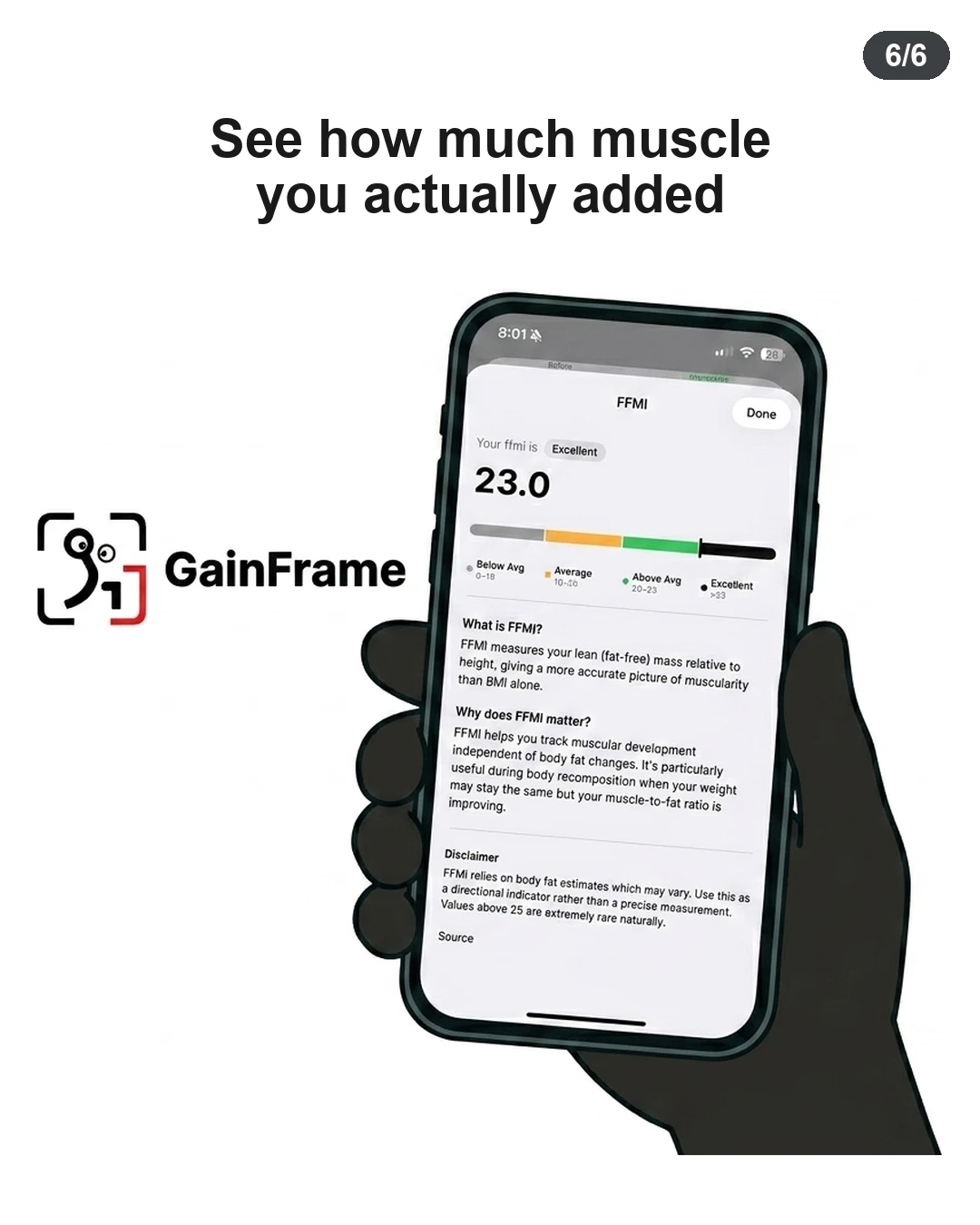 A hand holds a smartphone displaying the GainFrame app's FFMI tracking screen to measure true muscle addition.