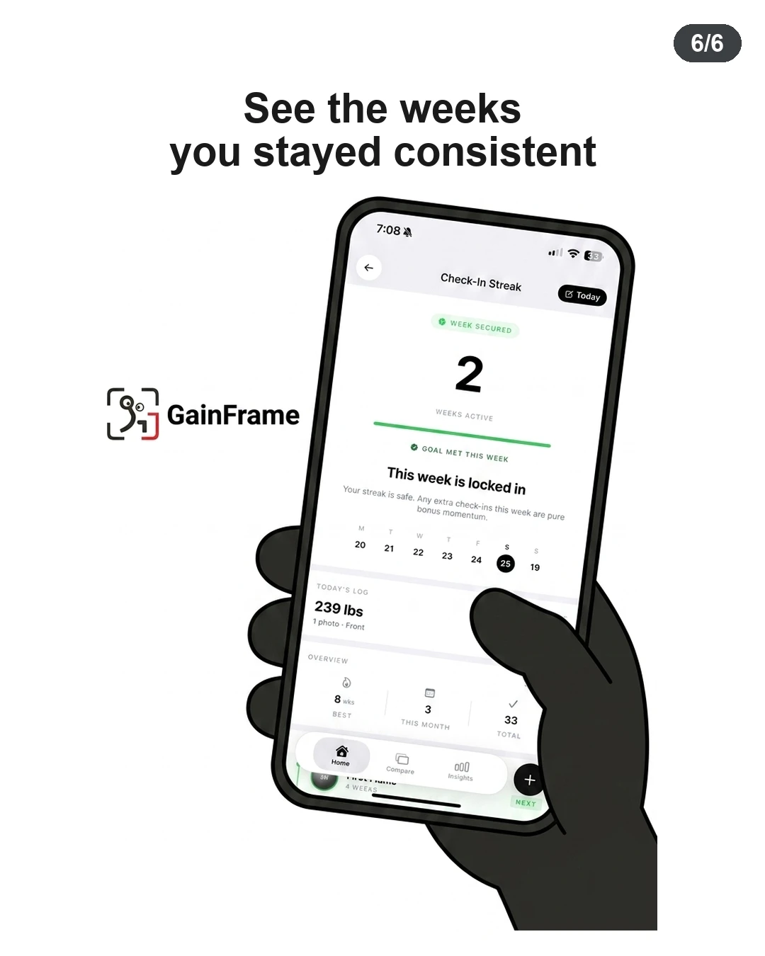 A hand holds a phone displaying workout streaks and logged weight progress in the GainFrame app.