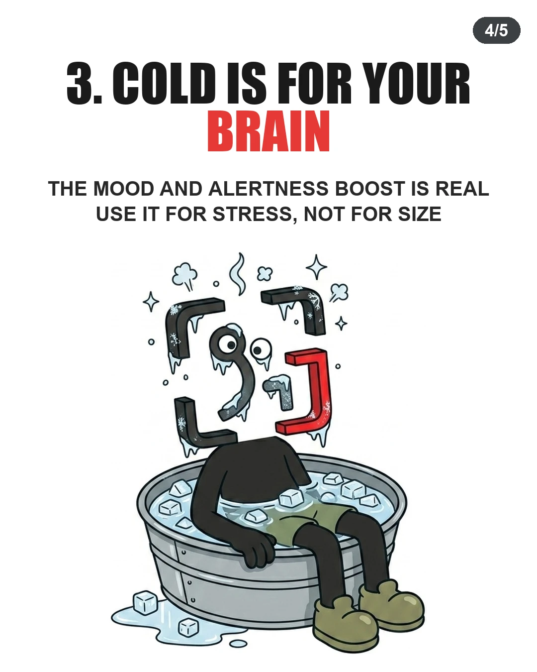 The GainFrame mascot sits in an ice bath with a frosted head and sparkling icons, highlighting that cold therapy is best used for mental alertness and stress relief rather than muscle size.