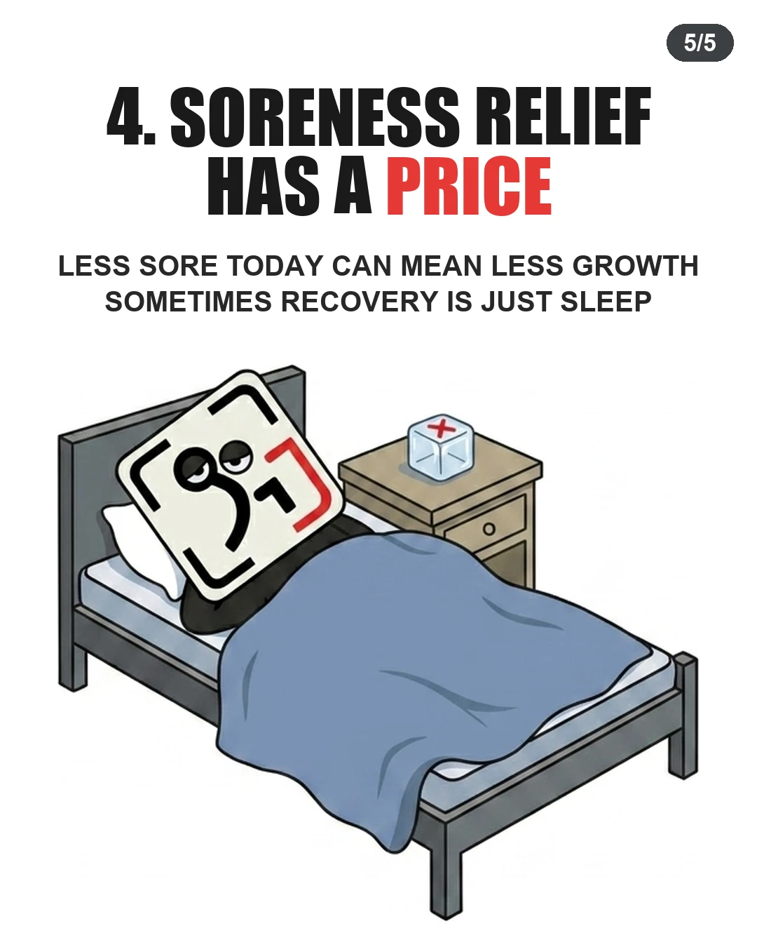 The GainFrame mascot sleeps peacefully in bed with a crossed-out ice cube on the nightstand, illustrating that sleep is often a better recovery tool than ice baths for muscle growth.